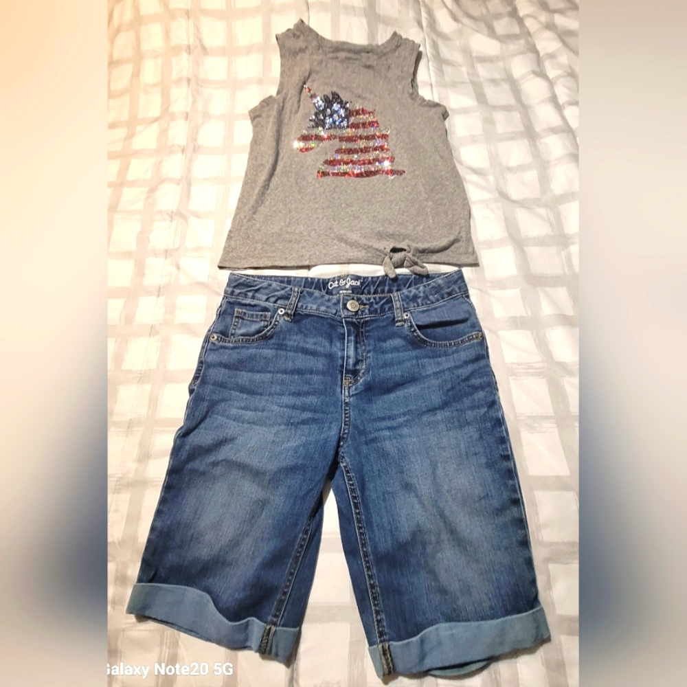 Like New Cute Girls Outfit~XL (14-16)~Bermuda Shorts & Unicorn Top~America~Flag